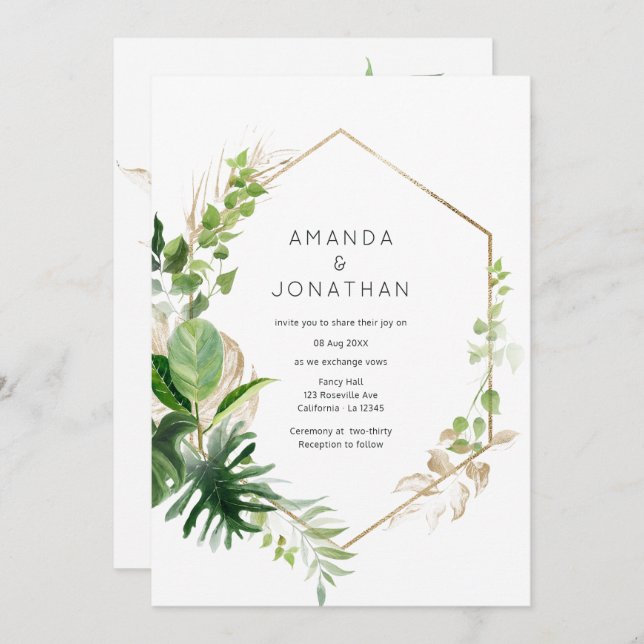 Watercolor Tropical Geometric Beach Wedding Invitation (Front/Back)
