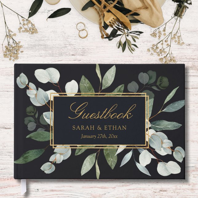 Watercolor Tropical Green Eucalyptus Leaves Guest Book (In situ)