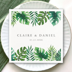 Watercolor Tropical Green Leaves White Wedding Napkin