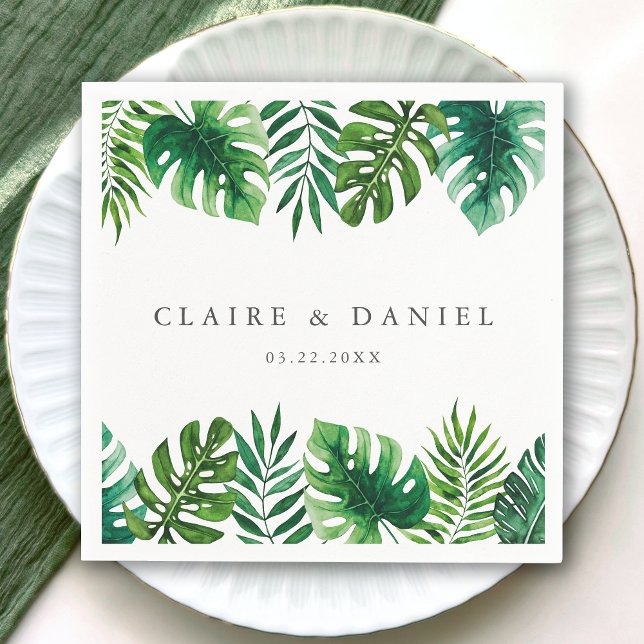 Watercolor Tropical Green Leaves White Wedding Napkin (Creator Uploaded)