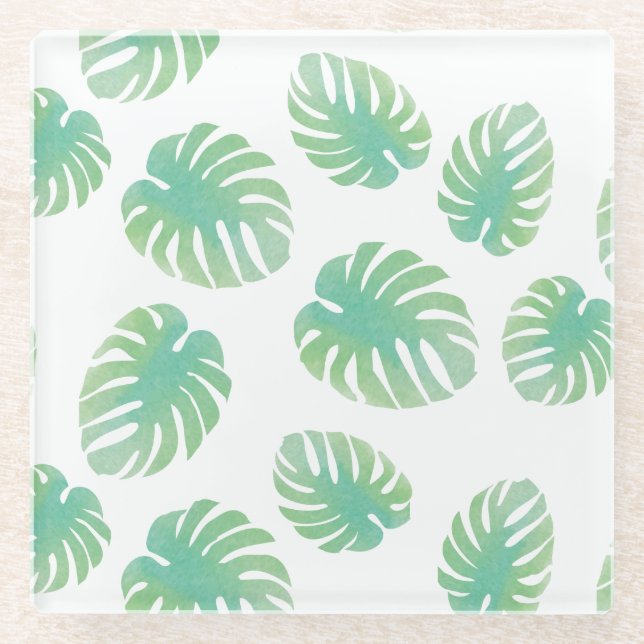 Watercolor Tropical Green Monstera Leaf Glass Coaster (Front)