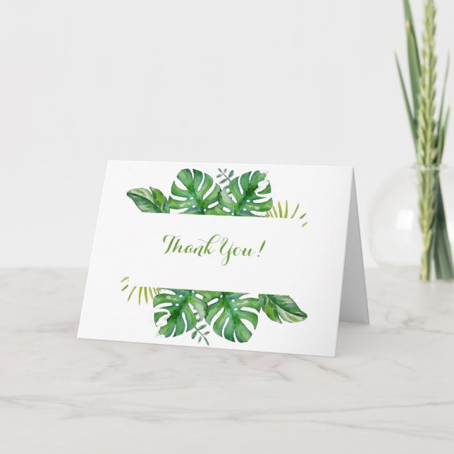 Watercolor Tropical Green Monstera Leaves Wedding  Thank You Card (Front)