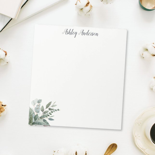 Watercolor Tropical Green Sage Eucalyptus Leaves Notepad (In situ On desk)
