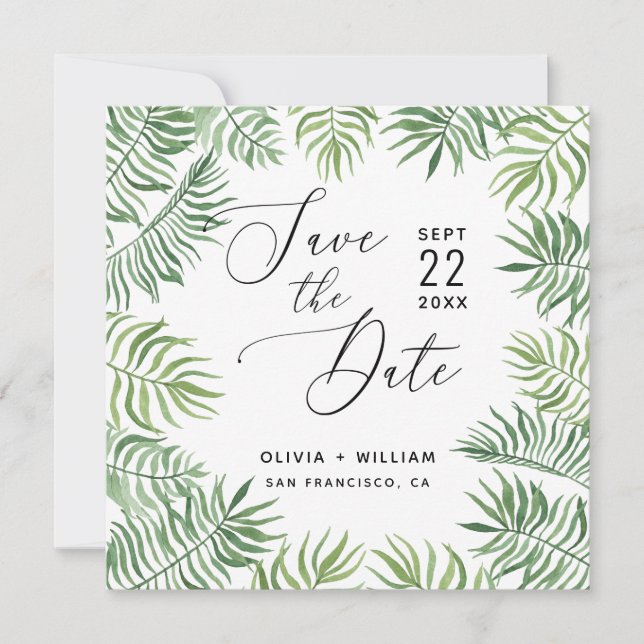 Watercolor tropical greenery. Foliage palm wedding Save The Date (Front)