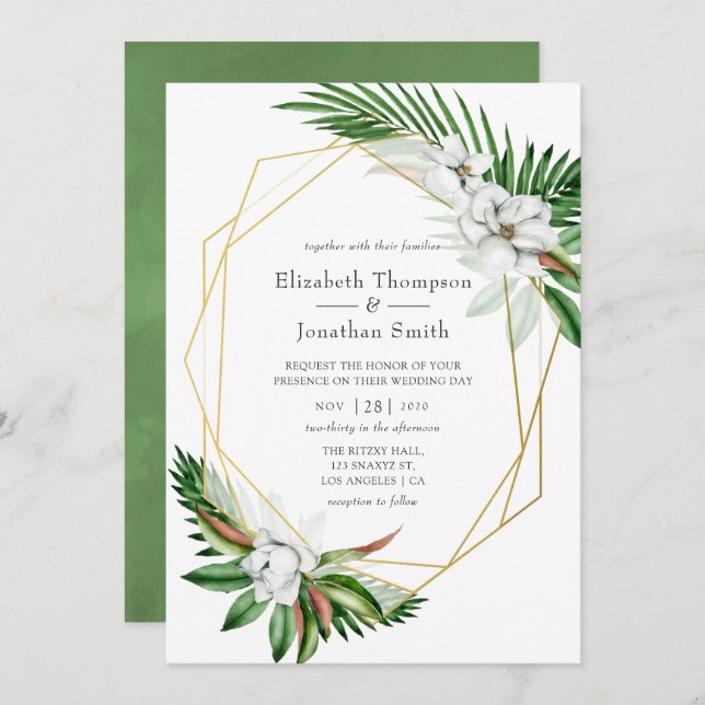 Watercolor Tropical Greenery Geometric Wedding Invitation (Front/Back)