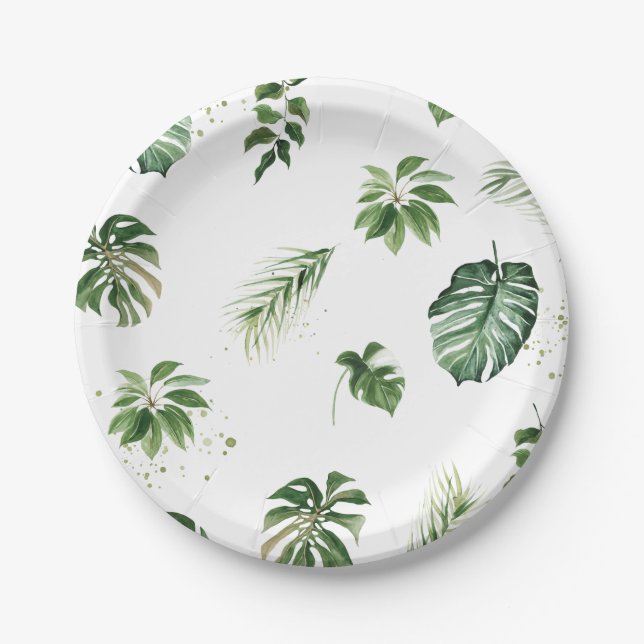 Watercolor Tropical Greenery Green Foliage Leaf  Paper Plate (Front)