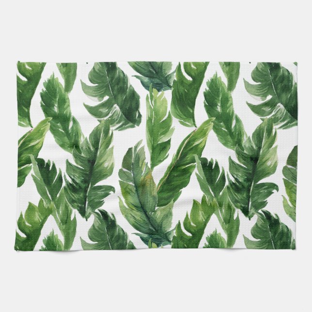 Watercolor Tropical Greenery Leaves Pattern Tea Towel (Horizontal)