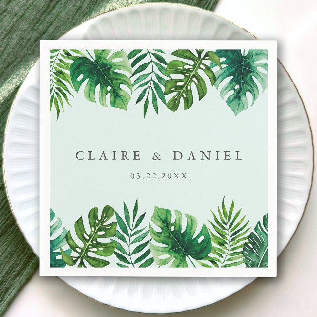 Watercolor Tropical Greenery Mint Green Wedding Napkin (Creator Uploaded)