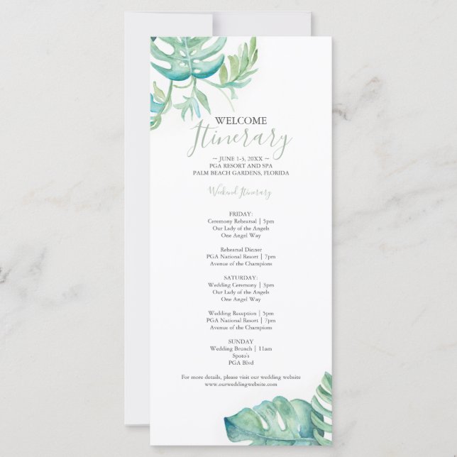 Watercolor Tropical Greenery Wedding Itinerary (Front)