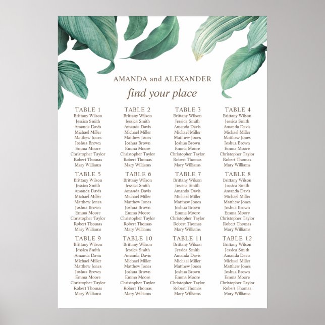 Watercolor tropical greenery wedding seating chart (Front)