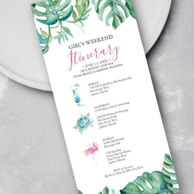 Watercolor Tropical Greenery Weekend Itinerary (Girl's weekend itinerary invitations features watercolor tropical leaves & art Victoria Grigaliunas)