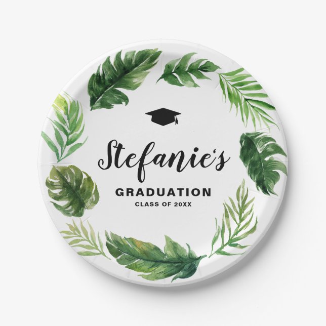 Watercolor Tropical Greenery Wreath Graduation Paper Plate (Front)