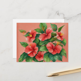 Watercolor Tropical Hawaii Red Hibiscus Postcard