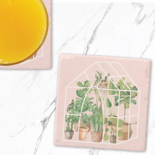 Watercolor Tropical House Plant Pink Stone Coaster