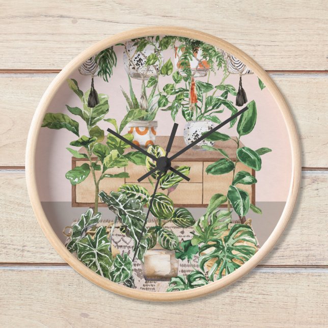 Watercolor Tropical Houseplants Clock (Close up)