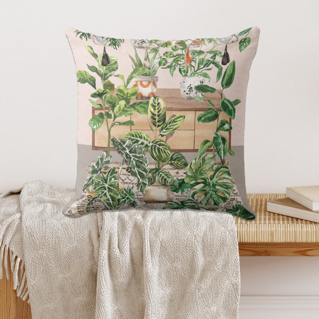 Watercolor Tropical Houseplants Cushion (In situ on bench)