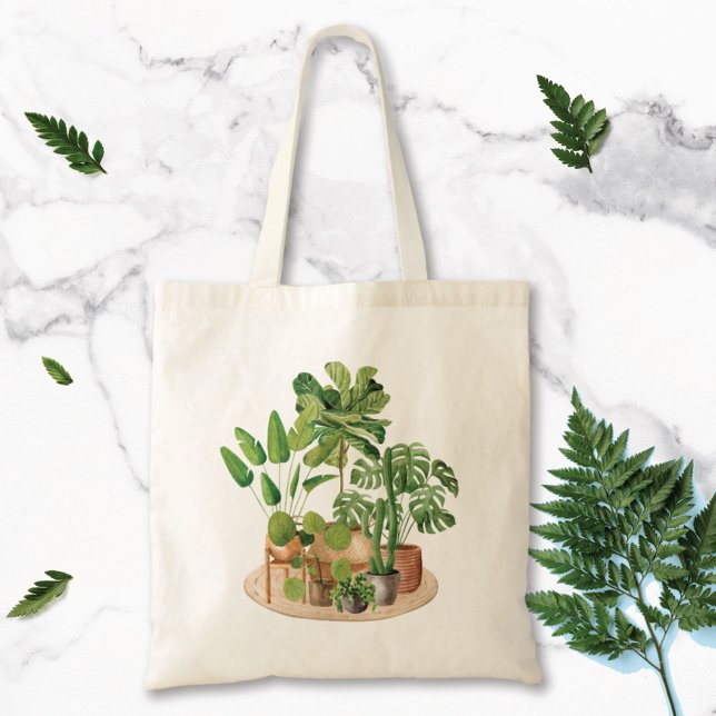 Watercolor Tropical Houseplants Tote Bag (Close up)