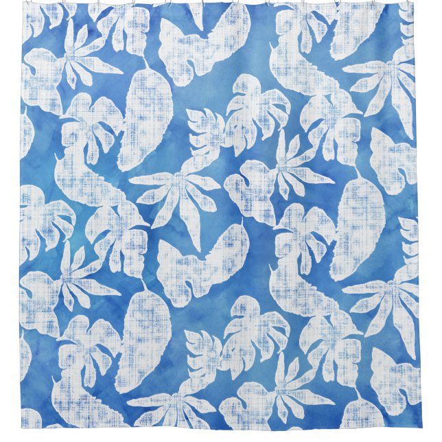 Watercolor Tropical Leaf Leaves Modern Blue White Shower Curtain (Front)