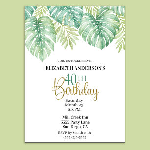 Watercolor Tropical Leaves 40th Birthday Invitation