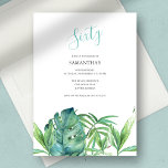 Watercolor Tropical Leaves 60th Birthday<br><div class="desc">This simple outdoor 60th Birthday invitation features the word Sixty in a stylish handwritten script typography with event details in a classic charcoal grey serif font on a crisp white background. A replica of my original watercolor palm and monstera leaves in shades of green adorns the front. The invite card...</div>