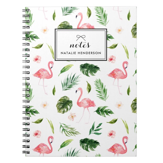 Watercolor Tropical Leaves and Flamingo Custom Spiral Notebook (Front)