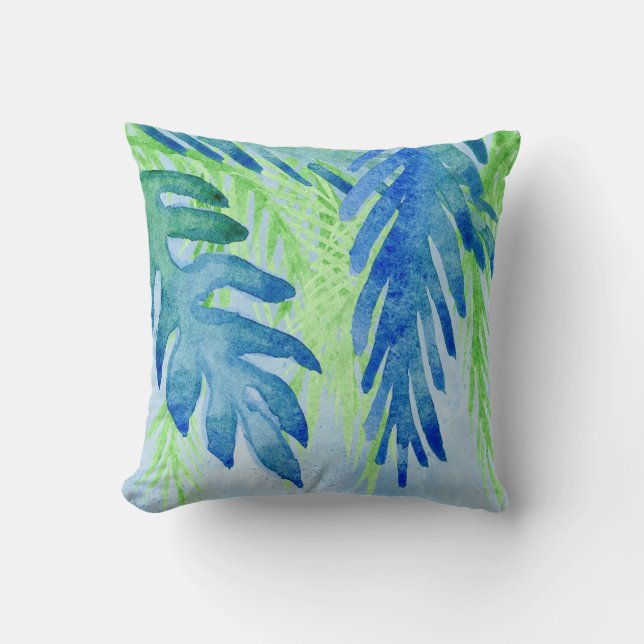 Watercolor Tropical Leaves Beach Ocean Blue Green Cushion (Front)