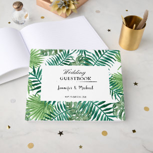 Watercolor tropical leaves bride and groom wedding guest book