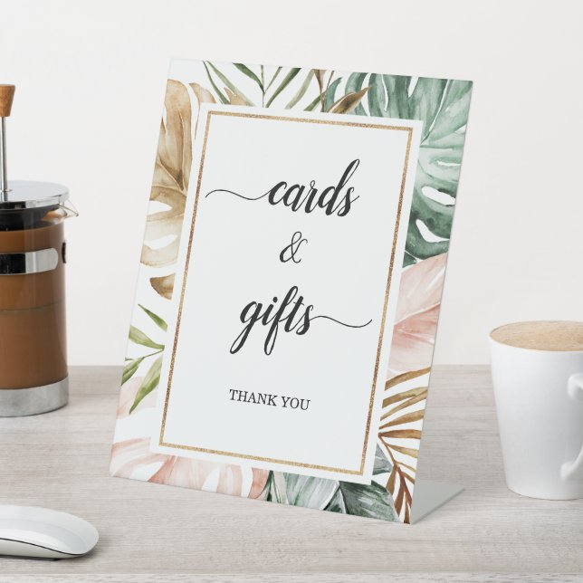 Watercolor Tropical Leaves Cards & Gifts Wedding Pedestal Sign (In SItu)