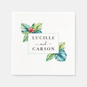 Watercolor Tropical Leaves Couple Names Wedding Napkin