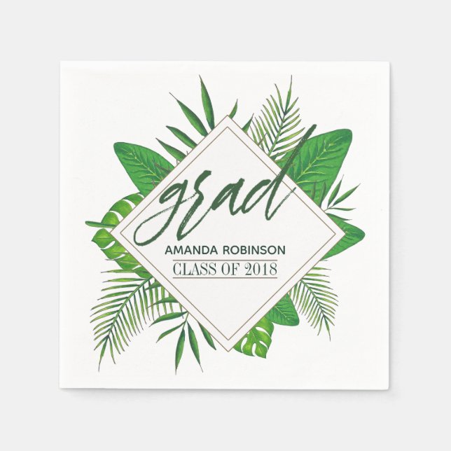 Watercolor Tropical Leaves Graduation Party Napkin (Front)
