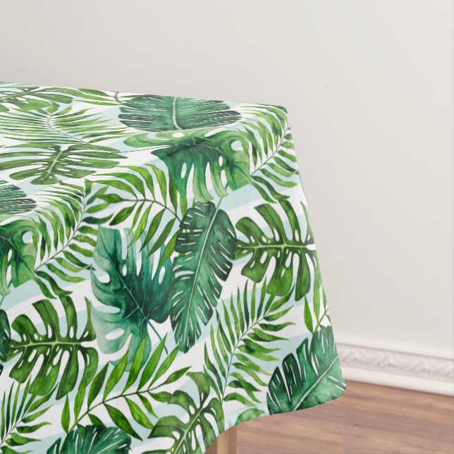 Watercolor Tropical Leaves Green Modern Tablecloth (In Situ)