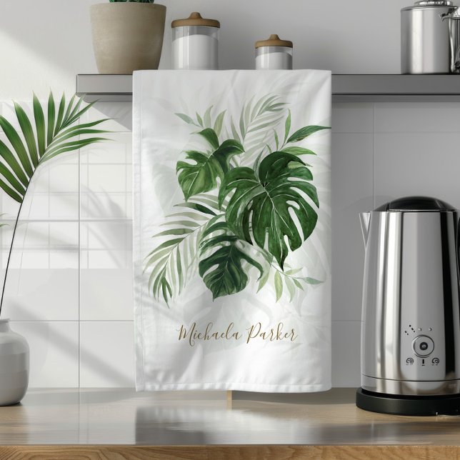 Watercolor Tropical Leaves Greenery Personalised Tea Towel (Creator Uploaded)