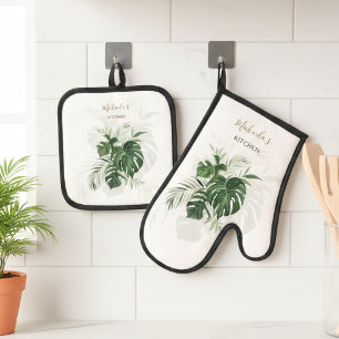 Watercolor Tropical Leaves Greenery Personalized Oven Mitt & Pot Holder Set
