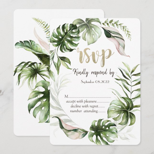 Watercolor Tropical Leaves Greenery  RSVP   Invitation (Front/Back)