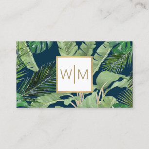 Watercolor Tropical Leaves Monogram Blue/White Business Card