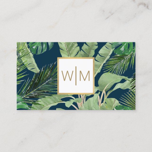 Watercolor Tropical Leaves Monogram Blue/White Business Card (Front)