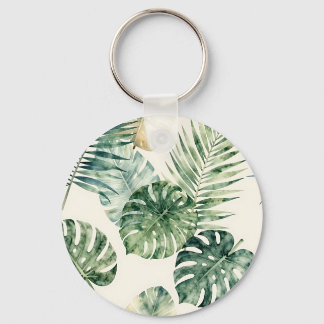 Watercolor Tropical Leaves Monstera Palm Pattern Key Ring (Front)