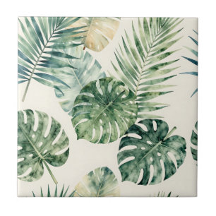 Watercolor Tropical Leaves Monstera Palm Pattern Tile