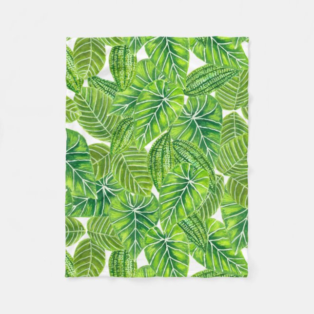 Watercolor tropical leaves pattern design fleece blanket (Front)