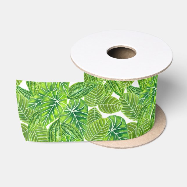 Watercolor tropical leaves pattern design satin ribbon (Spool)
