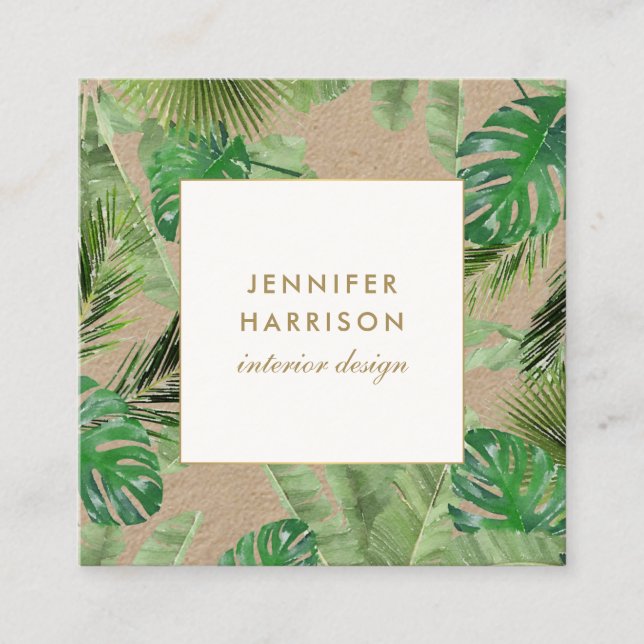 Watercolor Tropical Leaves Pattern Kraft Square Business Card (Front)