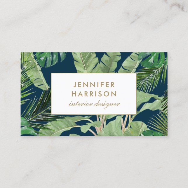 Watercolor Tropical Leaves Pattern on Dark Blue Business Card (Front)