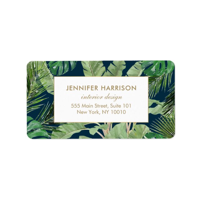 Watercolor Tropical Leaves Pattern on Dark Blue Label (Front)