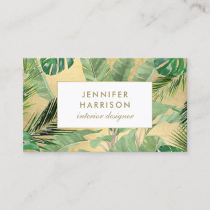 Watercolor Tropical Leaves Pattern on Faux Gold Business Card