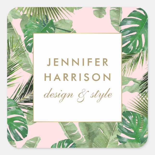 Watercolor Tropical Leaves Pattern on Pink Square Sticker (Front)