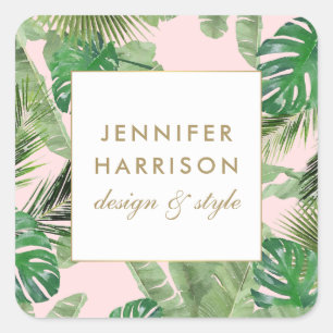 Watercolor Tropical Leaves Pattern on Pink Square Sticker