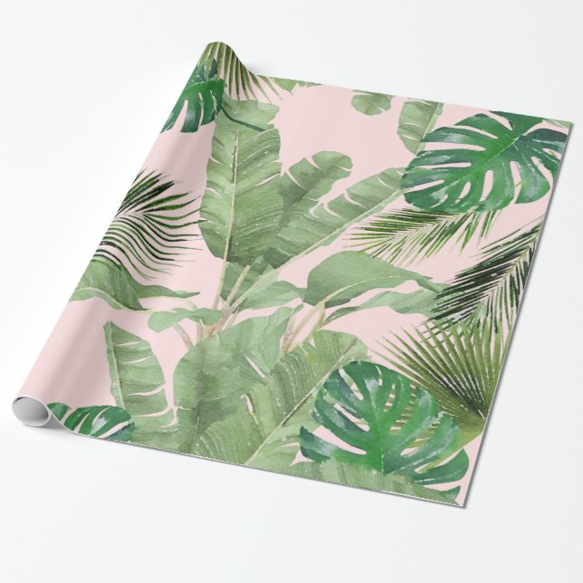 Watercolor Tropical Leaves Pattern on Pink Wrapping Paper (Unrolled)