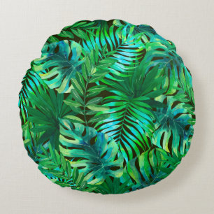 Watercolor tropical leaves pattern round cushion