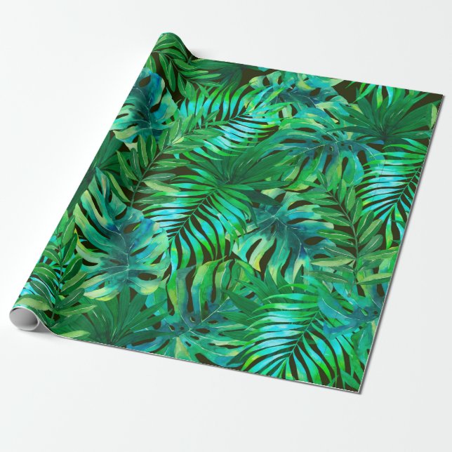 Watercolor tropical leaves pattern wrapping paper (Unrolled)