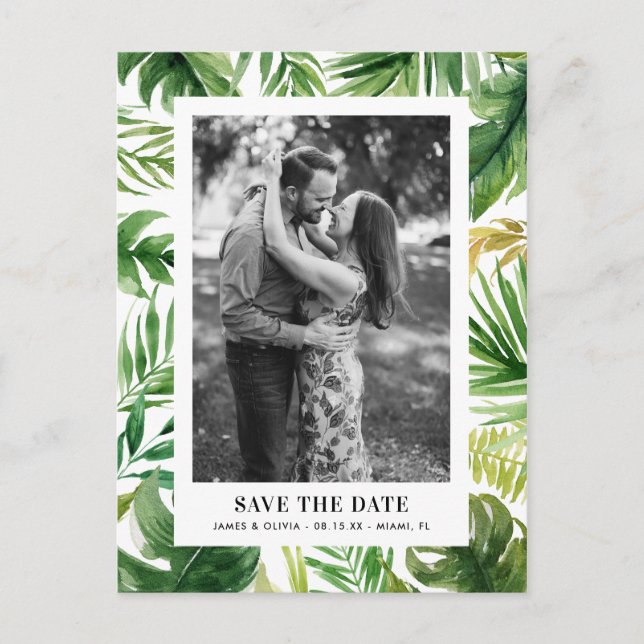 Watercolor Tropical Leaves Photo Save the Date Announcement Postcard (Front)